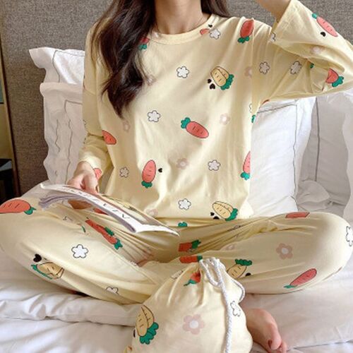 여자 당근 패턴 긴팔 사계절 라운드 잠옷세트 홈웨어